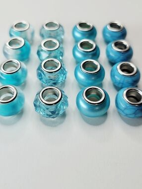New! For Pandora 16 Aqua Blue And Silver Acrylic Large Hole European Charm Beads